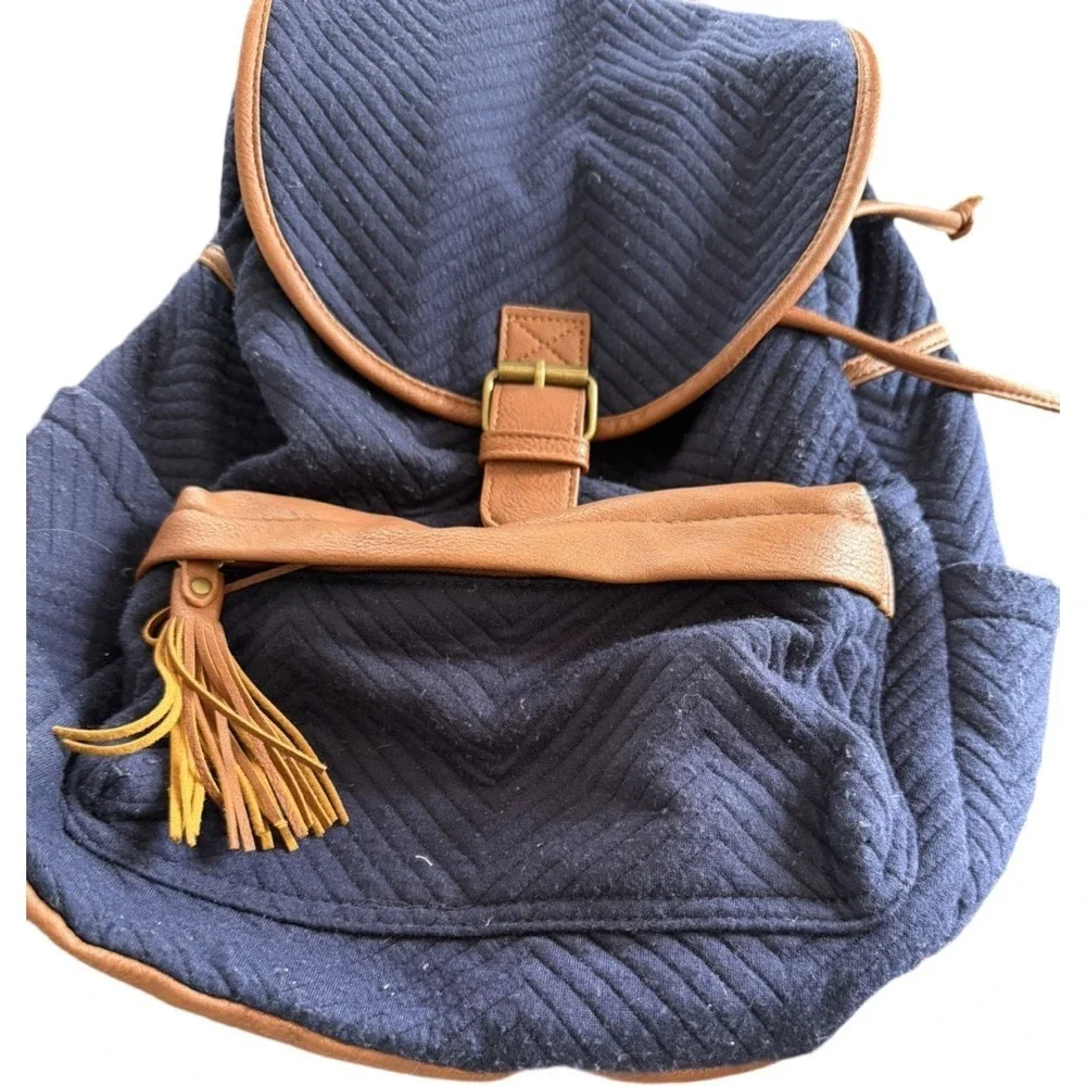 Madden Girl Quilted Lined Mini Backpack Brown Leather Navy Cotton Boho